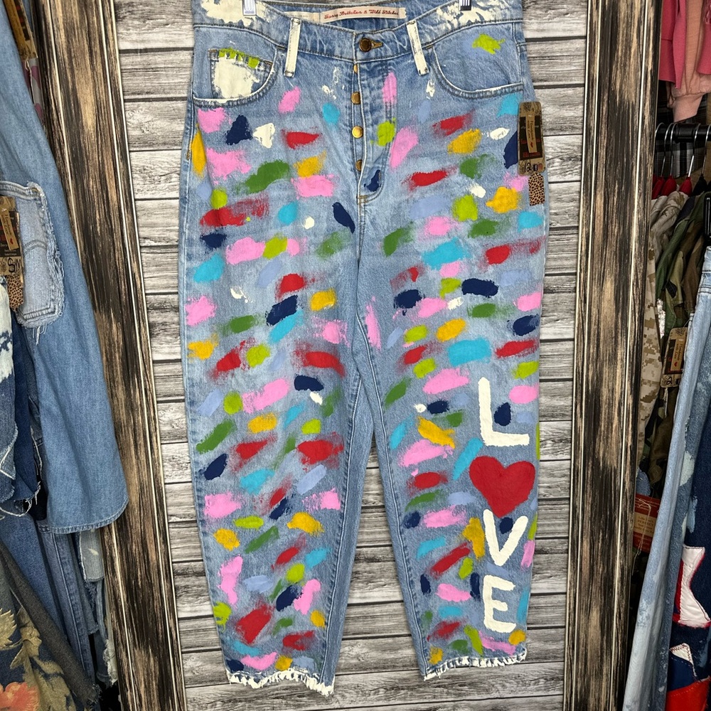 Artisan Handmade UpCycled Repurposed Denim Barrel Balloon Jeans Handpainted 12